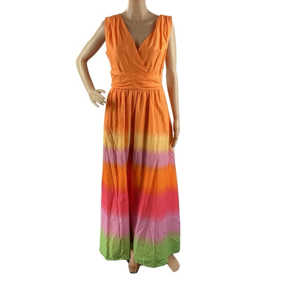 Taylor Ombre Maxi Dress Sleeveless V-Neck Cotton Orange Pink Size M